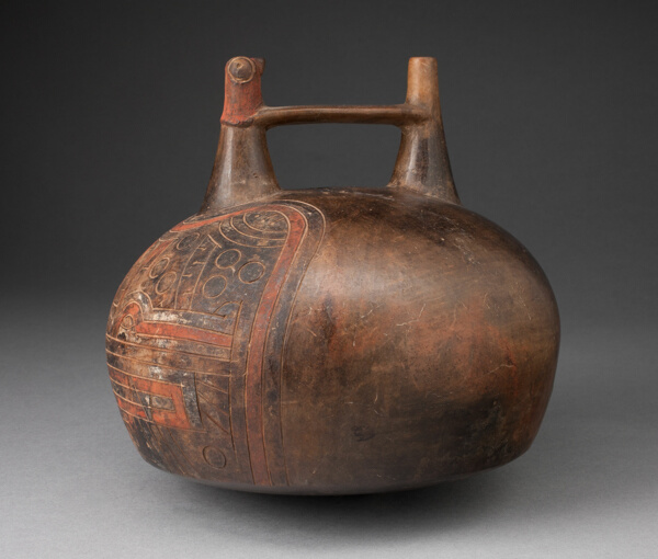 Double Spout Vessel with Incised and Painted Abstract Feline Head