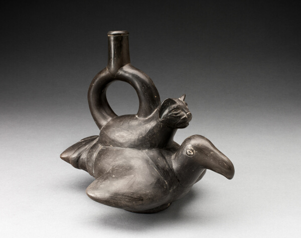 Blackware Vessel in the Form of a Feline Sitting on the Back of a Bird