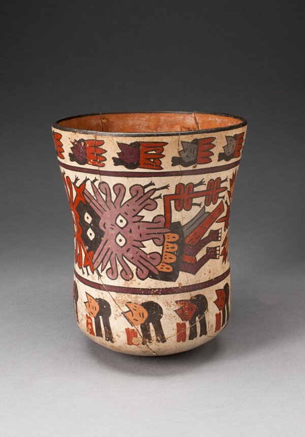 Beaker Depicting Costumed Ritual Performer with Abstract Trophy Heads, Heavily Restored