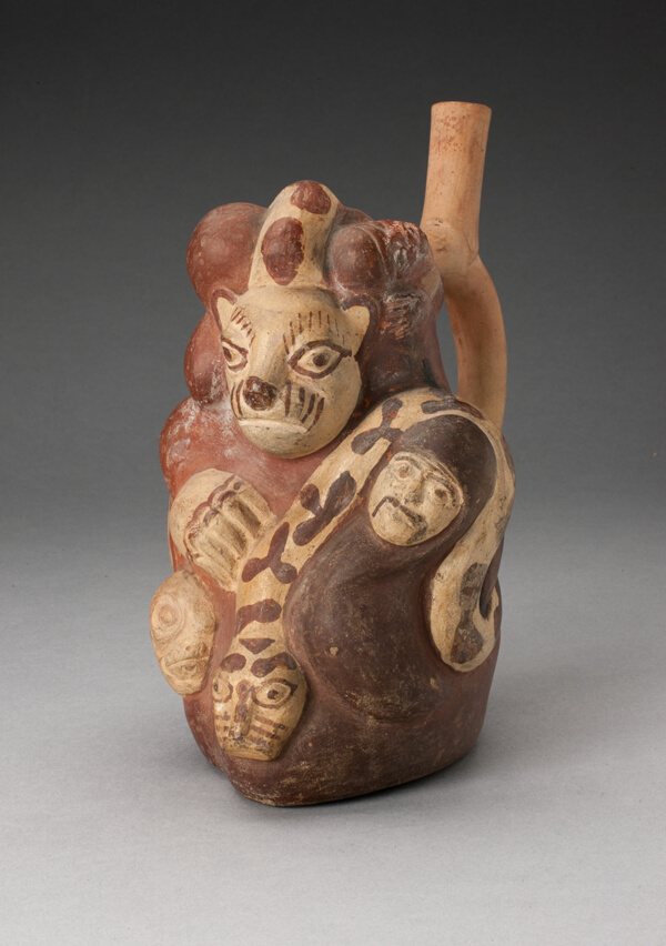 Handle Spouted Vessel with Composite Relief with Human Head, Puma, and Serpent