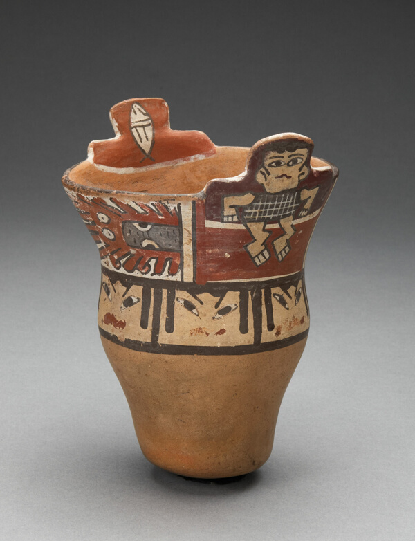 Stepped-Rim Beaker Depicting Human Figures, Faces, and Abstract Motifs