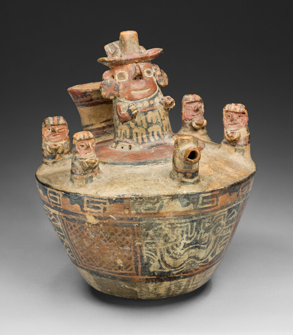 Spouted Bottle with Modeled Scene Depicting a Drinking Ceremony or Offering RItual