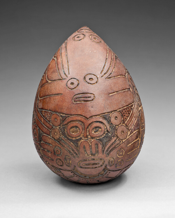 Gourd with Rattle Incised with Costumed Ritual Perfomer