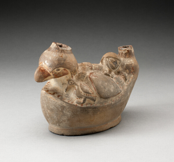 Stirrup Spout Vessel in Form of a Man Laying on a Bird