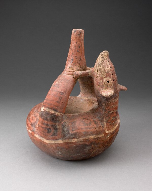 Stirrup Spout Vessel with Circular Body and Molded Head and Arms of Animal
