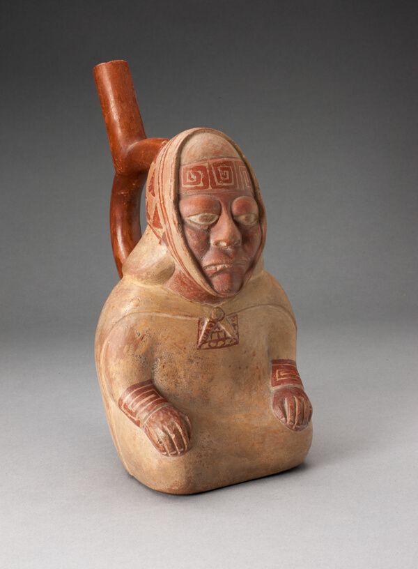 Handle Spout Vessel in the Form of a Seated Female Wearing Patterned Headkerchief