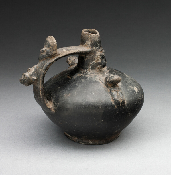 Single Spout Strap Vessel with Attached Molded Figures