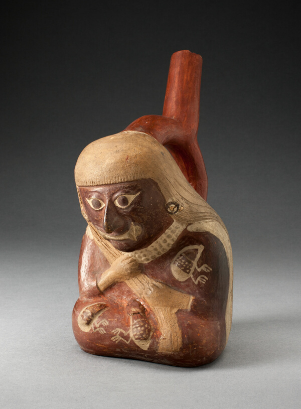 Stirrup Spout Vessel in the Form of a Seated Figure with Insects on Torso