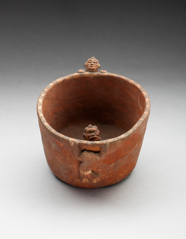 Straight-Sided Bowl with Modeled Figures in Interior and Climbing Sides
