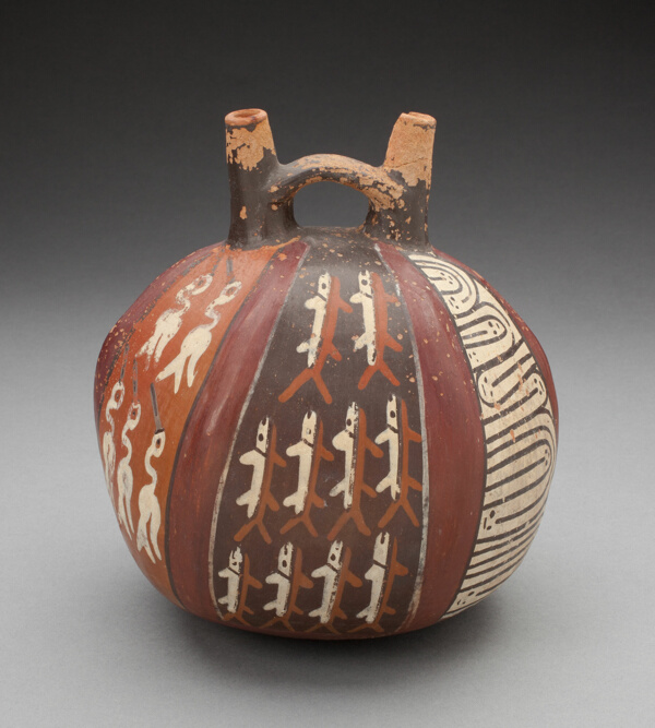 Double Spout Vessel with Vertical Bands Depicting Fish, Birds, and Geometric Motifs