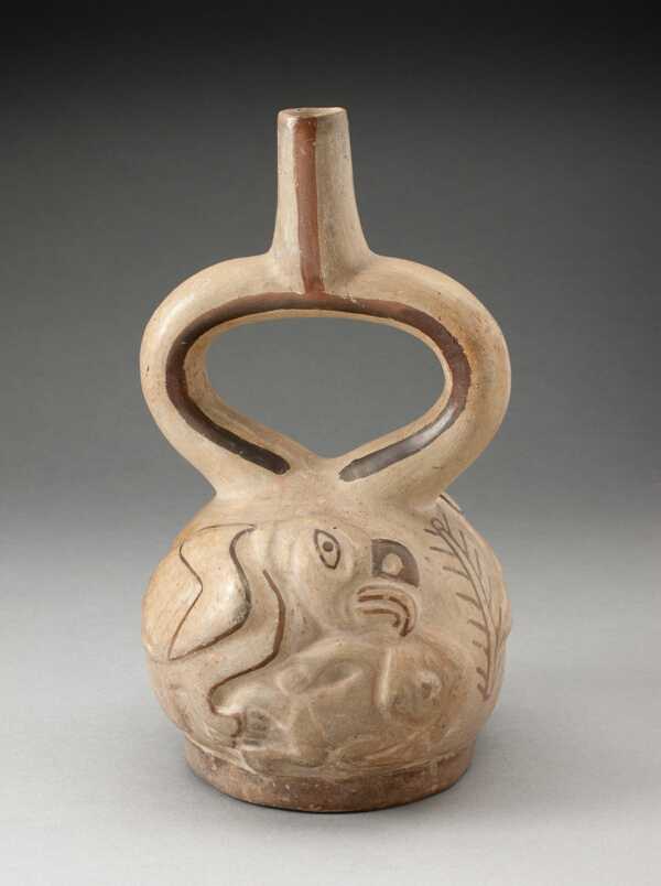Stirrup Spout Vessel with Raised Design of a Man Attacked by a Bird