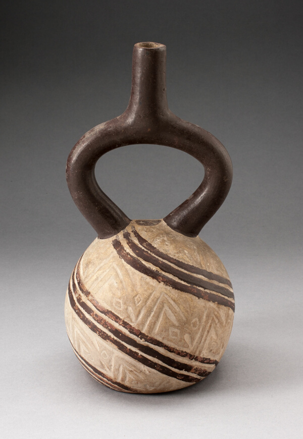 Stirrup Vessel Incised with Textile-Like Pattern in Diagonal Painted Bands