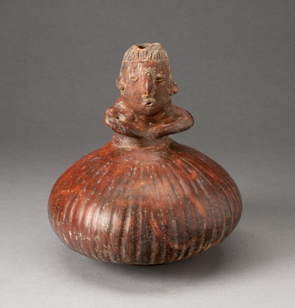 Small Fluted Bottle with Neck in Form of a Figure Holding Arms to Chest