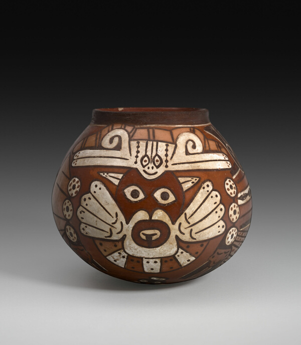 Vessel Depicting a Costumed Ritual Performer Holding a Staff and a Trophy Head