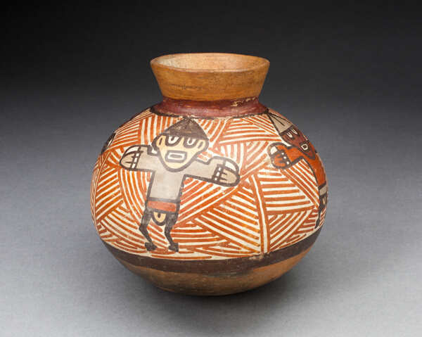 Small Jar Depicting Figures with Outstretched Arms, Standing against Red-Striped Background