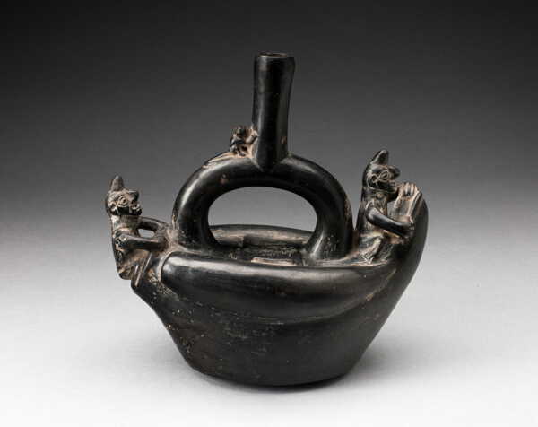 Single Spout Blackware Vessel in the Form of Figures Riding on Reed Boat