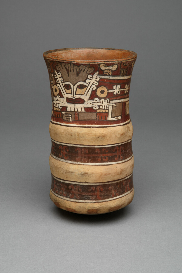 Beaker with Molded Horizontal Bands, Depicting a Masked Ritual Performer