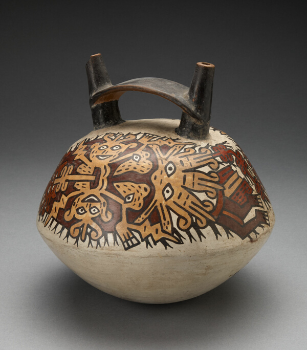 Double Spout Vessel Depicting Costumed Figure with Intricate Abstract Mask