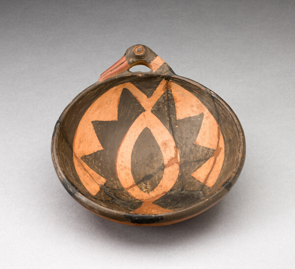 Miniature Bowl with Large Geometric Motif and Bird-Head Handle
