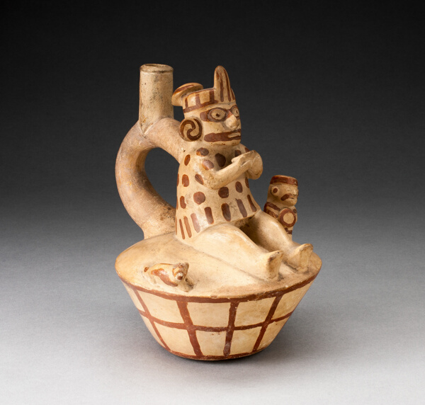 Vessel with a Figure Drinking from Cup, with Small Warrior and Dog