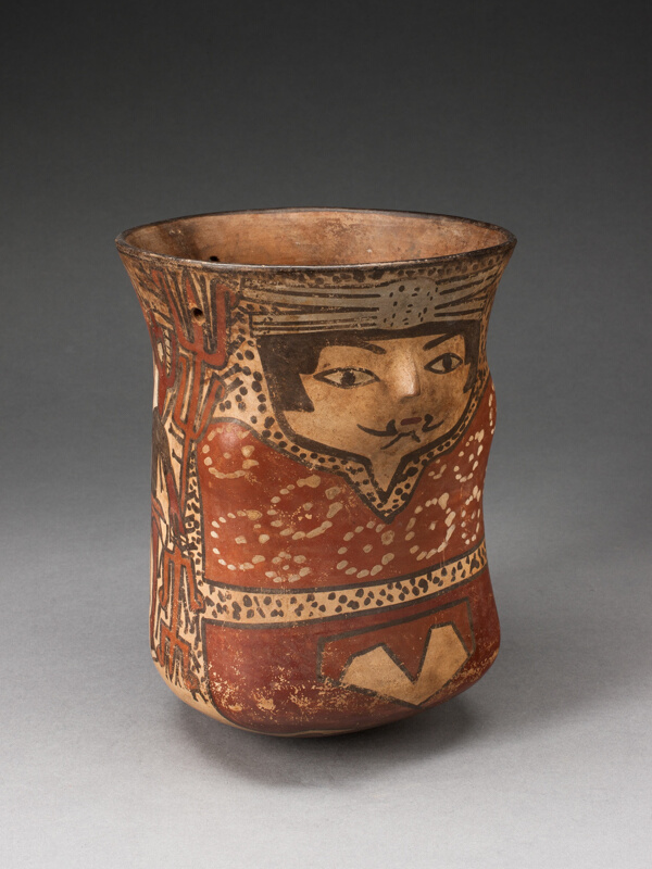 Beaker in the Form of a Figure with Painted Standing Figures Holding Staffs