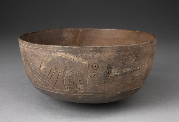 Bowl Depicting Incised and Painted Abstract Crouching Figure