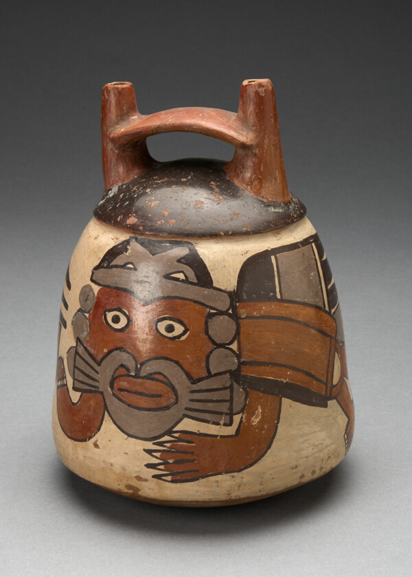 Double Spout Vessel Depicting Costumed Figure with Bird Attributes, Holding a Staff